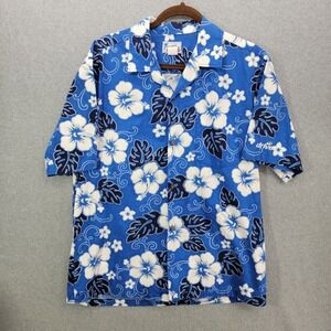 VINTAGE Hawaii Men Button Up Shirt Large Blue Floral Hawaiian Short Sleeve drive